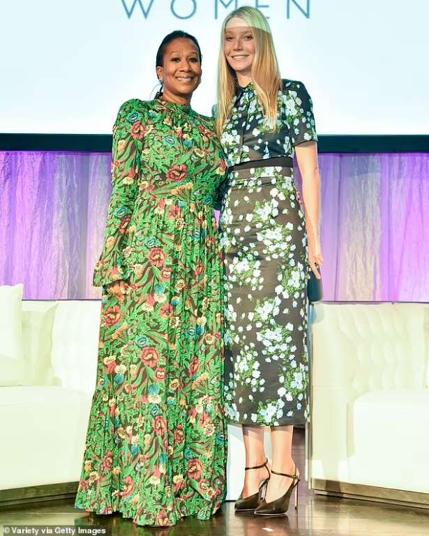 Gwyneth Paltrow models a floral print dress as Sharon Stone dons a power suit at the Visionary Women’s International Summit in Beverly Hills